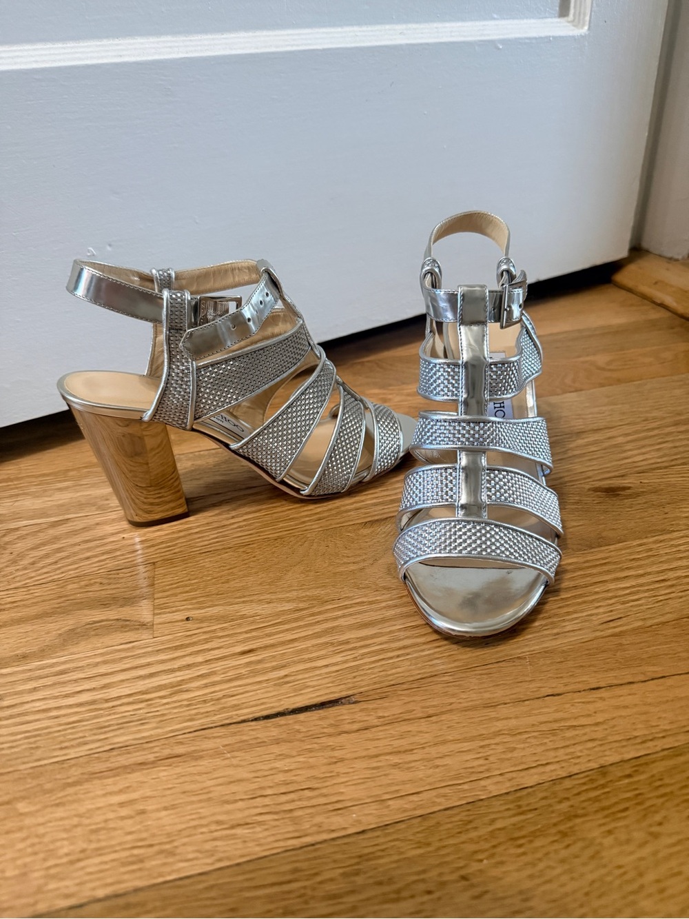 Jimmy Choo Silver Metallic Multi-Strap Block Heel Sandals
